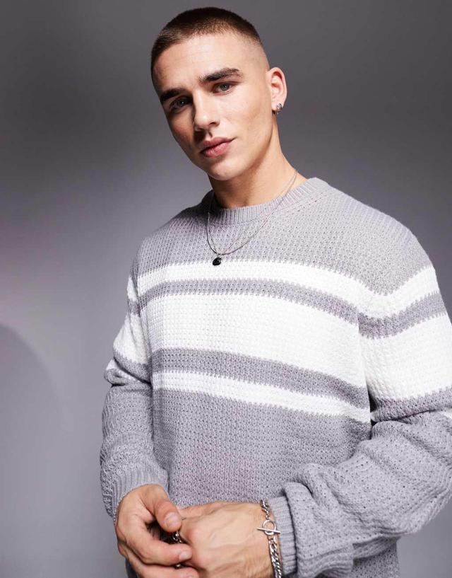 ASOS DESIGN relaxed knitted crew neck sweater in gray with white stripe Product Image