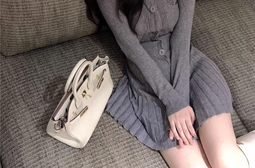 Long-Sleeve Crew Neck Plain Pleated Button-Up Mini A-Line Knit Dress Product Image