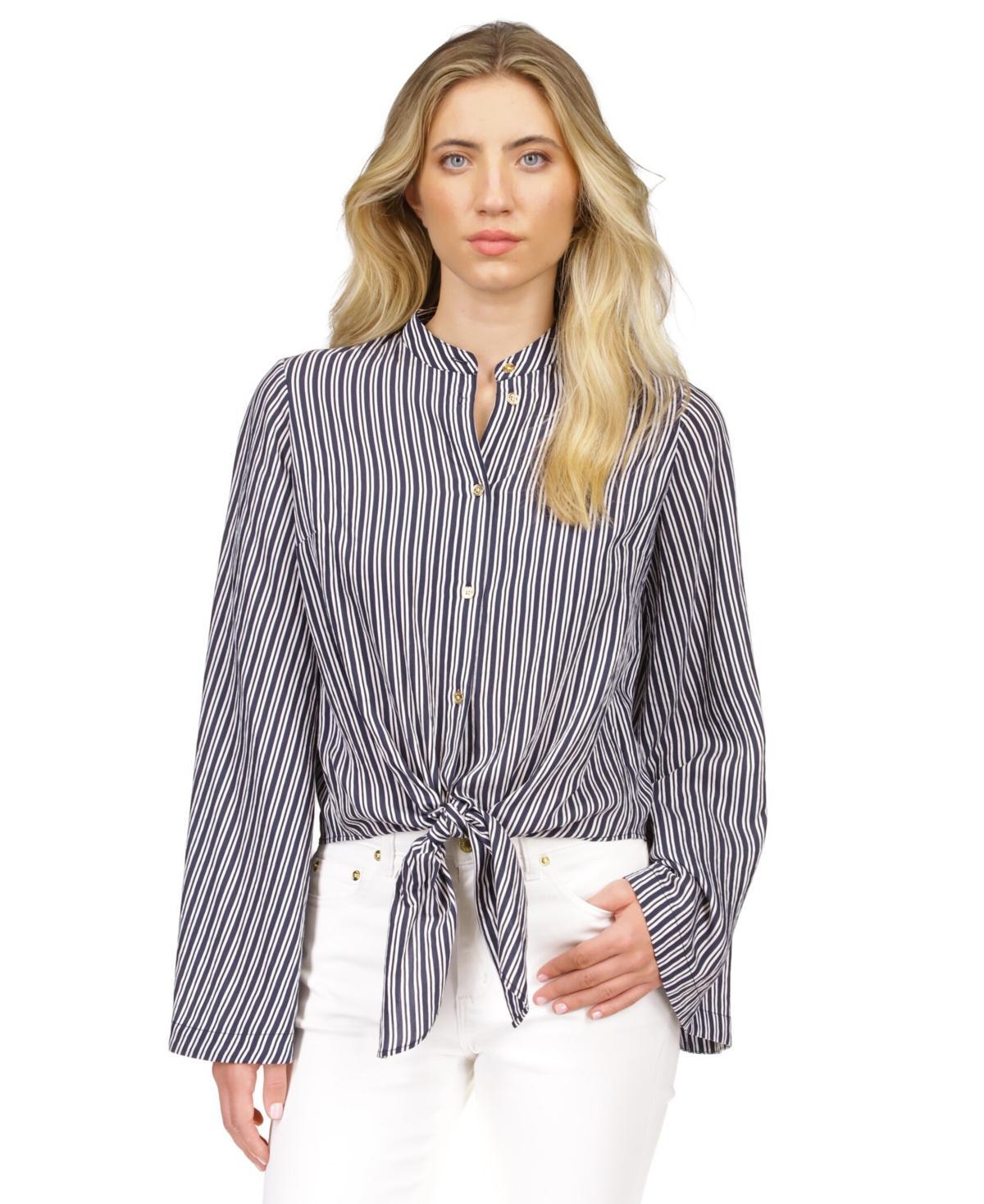 MICHAEL Michael Kors Halo Pinstripe Woven Banded Collar Long Flare Sleeve Front Product Image