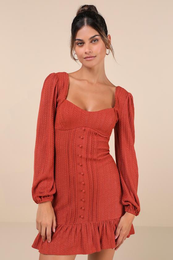 Coveted Sweetness Rust Pointelle Knit Long Sleeve Mini Dress product image