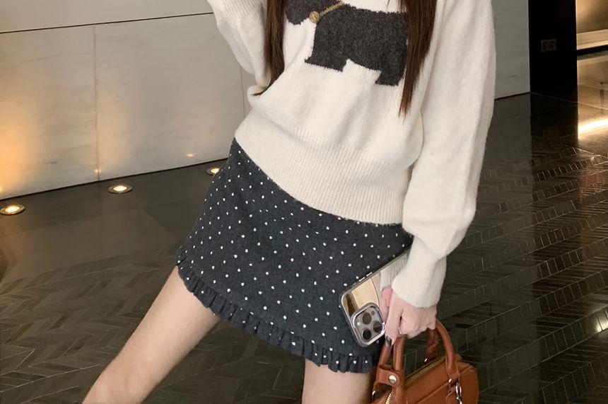 Crew Neck Dog Jacquard Sweater / High Rise Dotted Mini Pencil Skirt Product Image