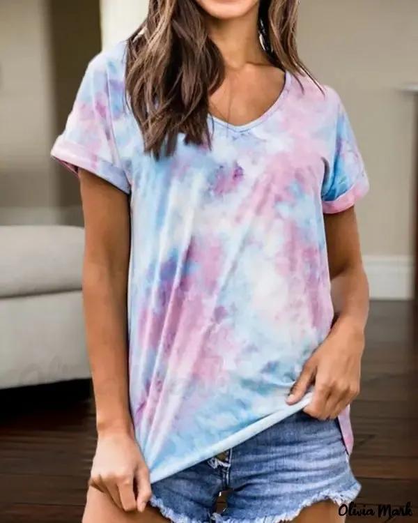 Olivia Mark – Relaxed Tie-Dye Print V-Neck T-Shirt Product Image