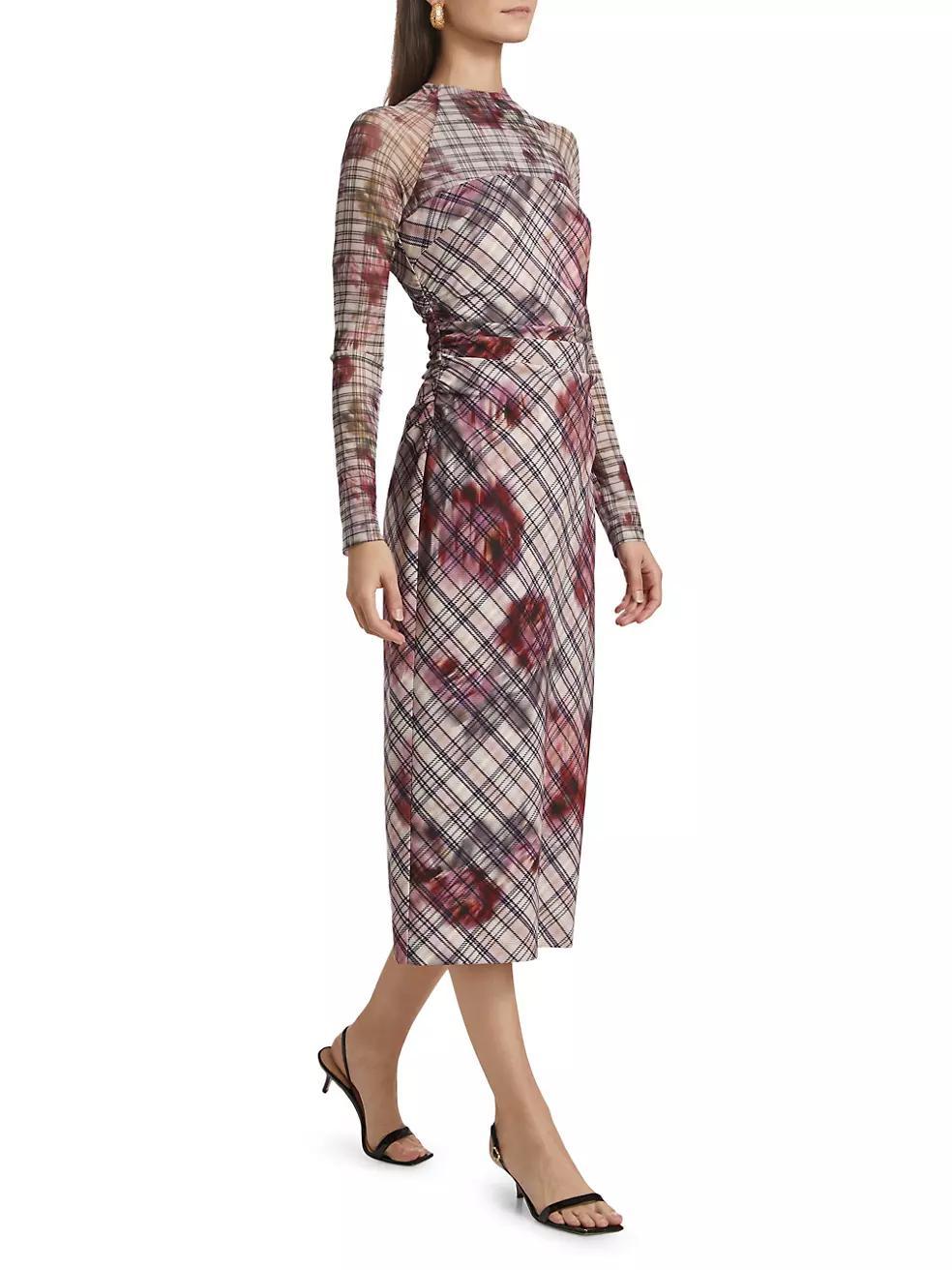 Edith Floral & Plaid Mesh Long-Sleeve Midi-Dress Product Image