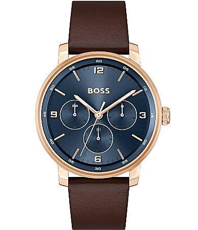 Hugo Boss Mens Contender Multifunction Brown Leather Strap Watch Product Image