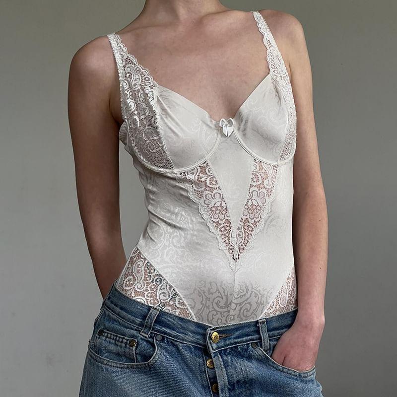 Sleeveless V-Neck Lace Bodysuit Top Product Image