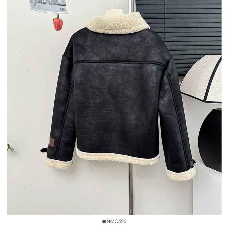 Fleece-Lined Faux-Suede Biker Jacket Product Image