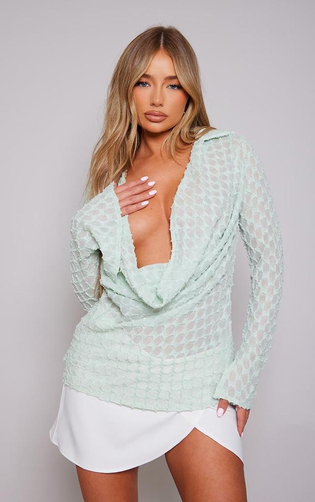 Sage Textured Woven Plunge Split Sleeve Shirt Product Image