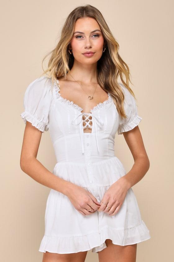 Completely Precious White Lace-Up Puff Sleeve Corset Romper Product Image