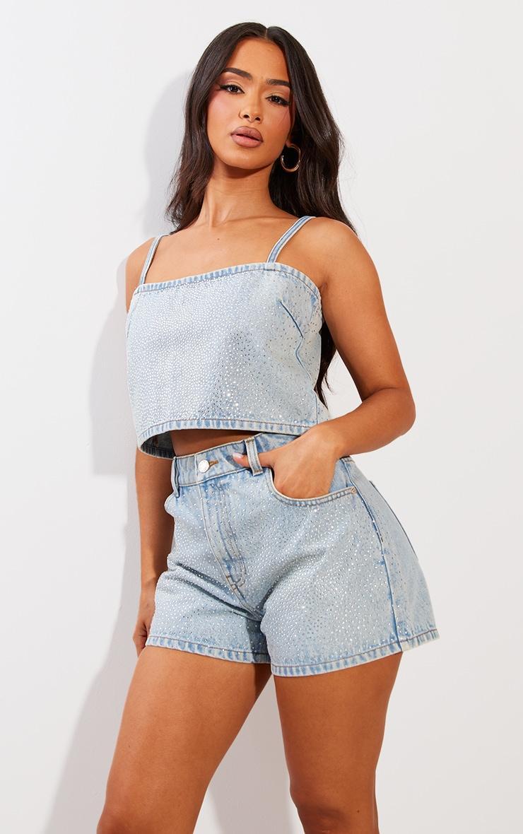 Petite Blue Denim Diamante Crop Top product image