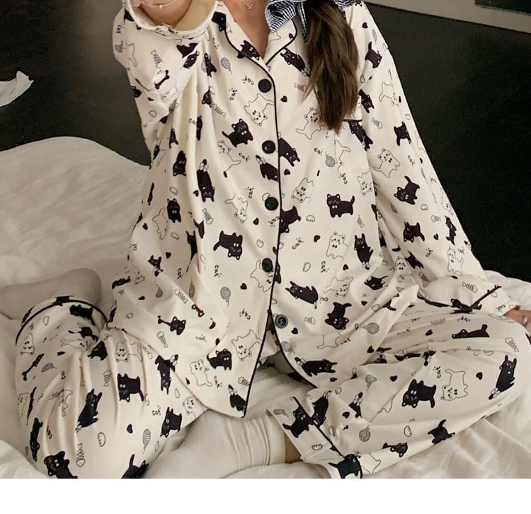 Pajama Set: Cat Print Shirt + Pants Product Image