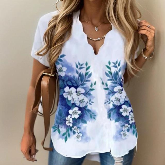 Olivia Mark –  Stylish Relaxed Fit Wave Collar Printed Top T-Shirt Product Image