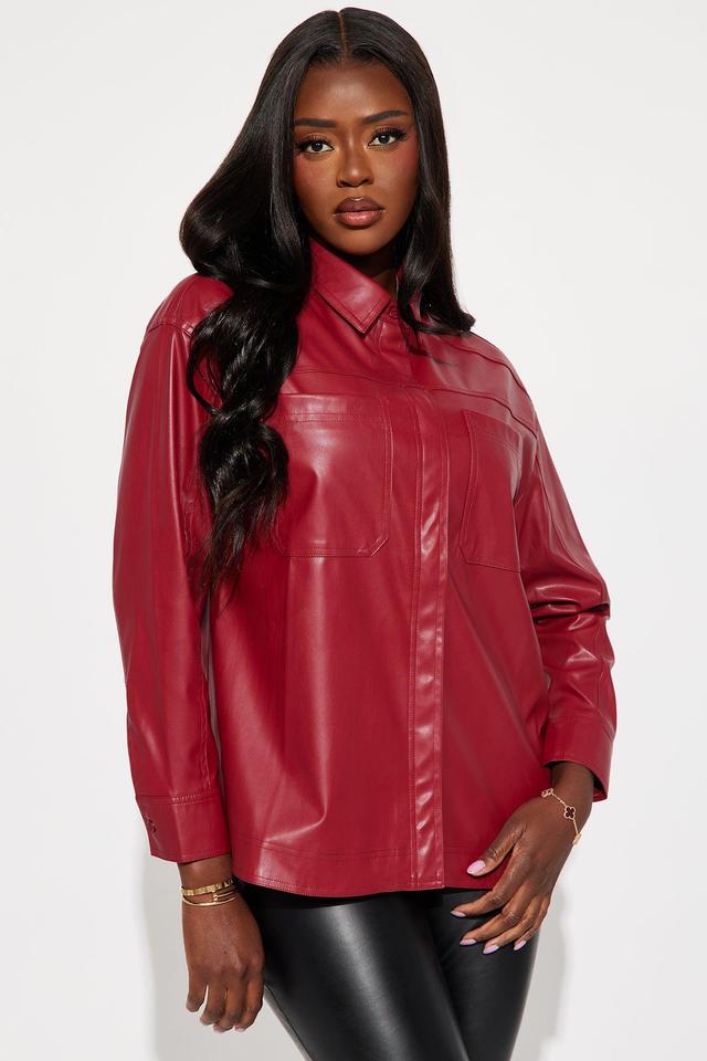 Crowd Pleaser Faux Leather Shirt - Burgundy Product Image