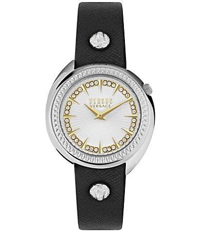 Versus Versace Womens Tortona Crystal 2 Hand Quartz Black Genuine Leather Watch, 38mm Product Image