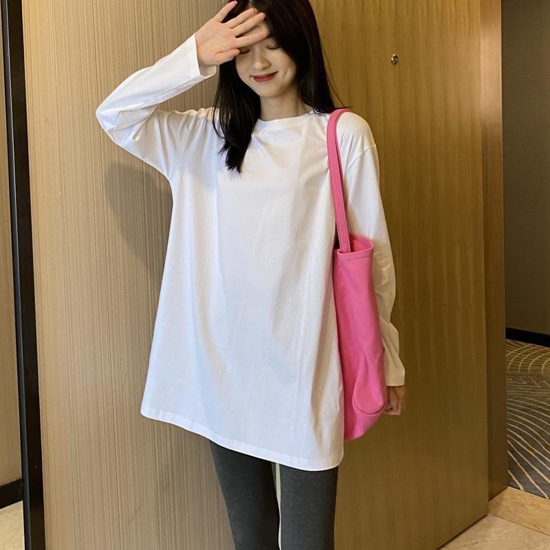 Long-Sleeve Crew Neck Plain Long Tee Product Image