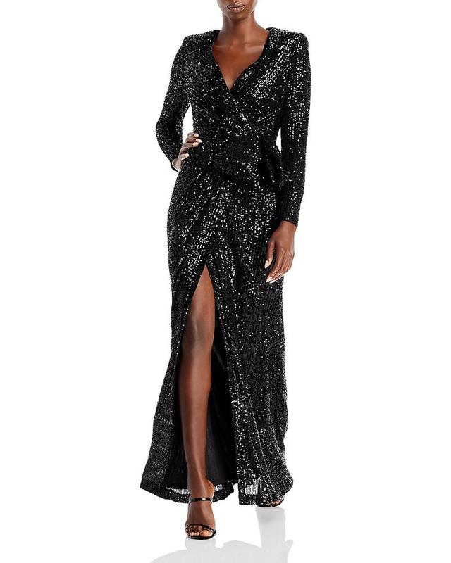 Eliza J Sequin Wrap Front Long Sleeve Gown Product Image