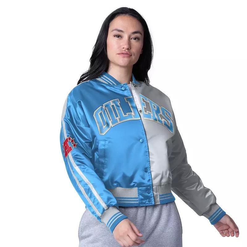 Womens Starter Light Blue/Silver Houston Oilers Gridiron Classics Zone Blitz Cropped Full-Snap Satin Jacket Product Image