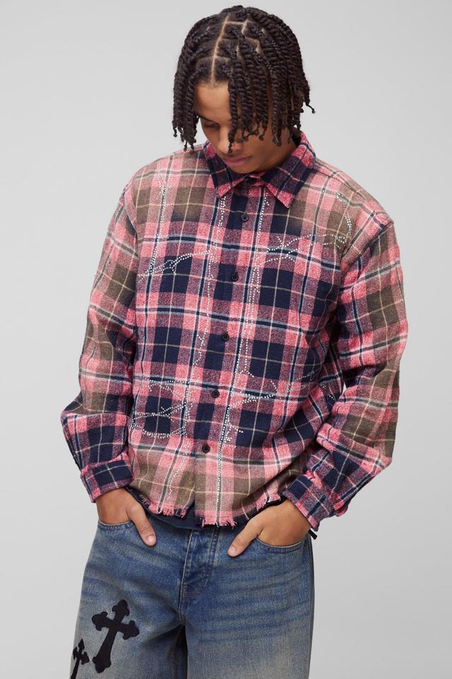 Oversized Boxy Rhinestone Washed Plaid Shirt | boohooMAN USA Product Image