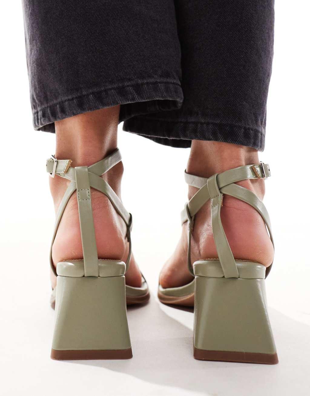 ASOS DESIGN Hibiscus asymmetric mid block heeled sandals in sage green Product Image