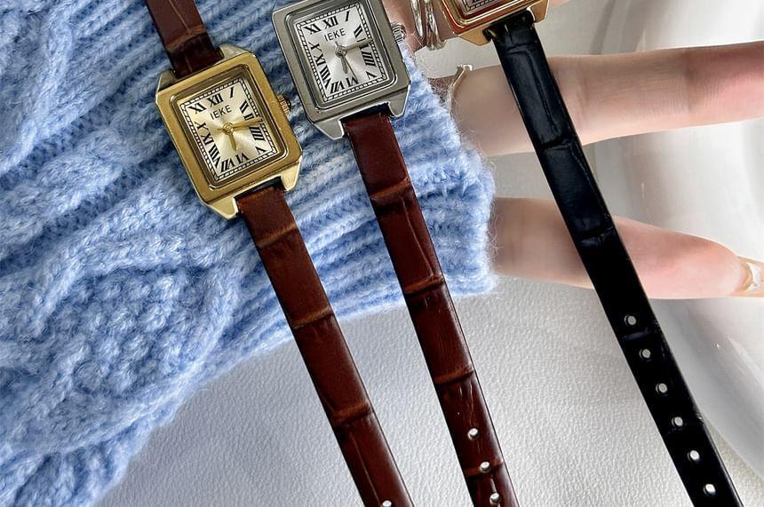 Square Roman Numeral Faux Leather Strap Watch Product Image