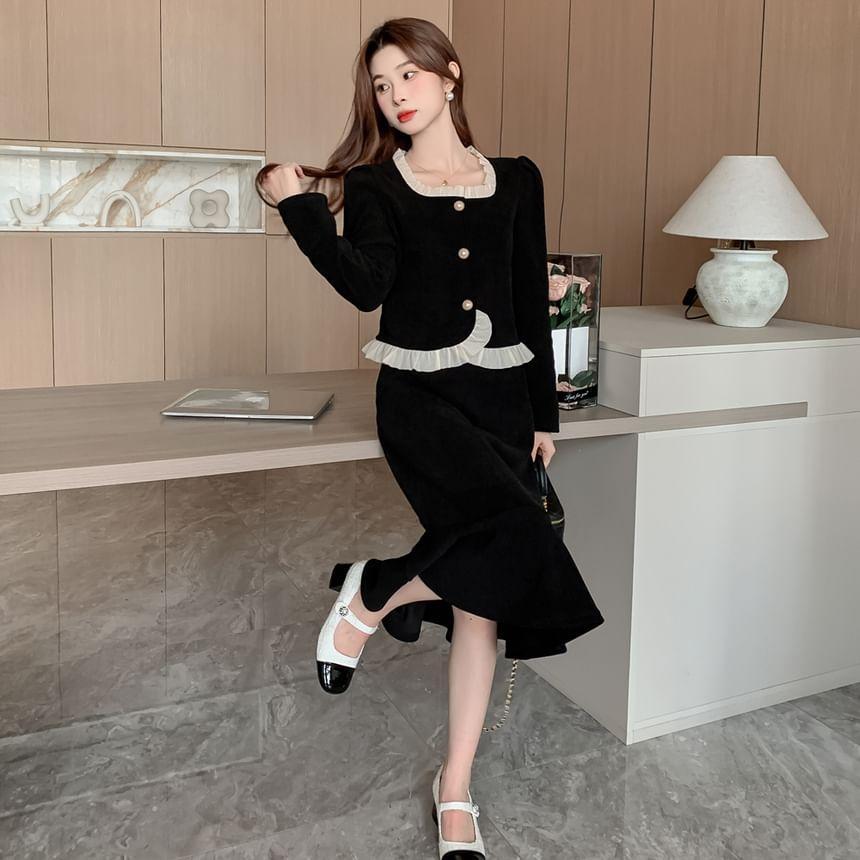 Set: Long-Sleeve Square Neck Frill Trim Button-Up Blouse + High Rise Skirt (Various Designs) Product Image