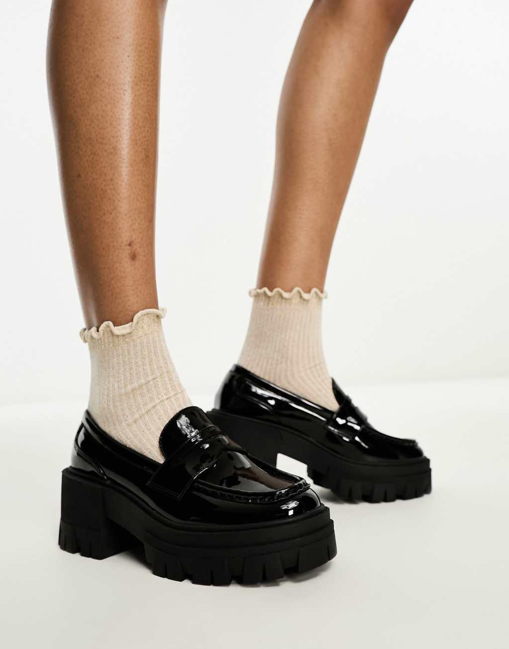 ASOS DESIGN Script chunky mid heeled loafers in black patent product image