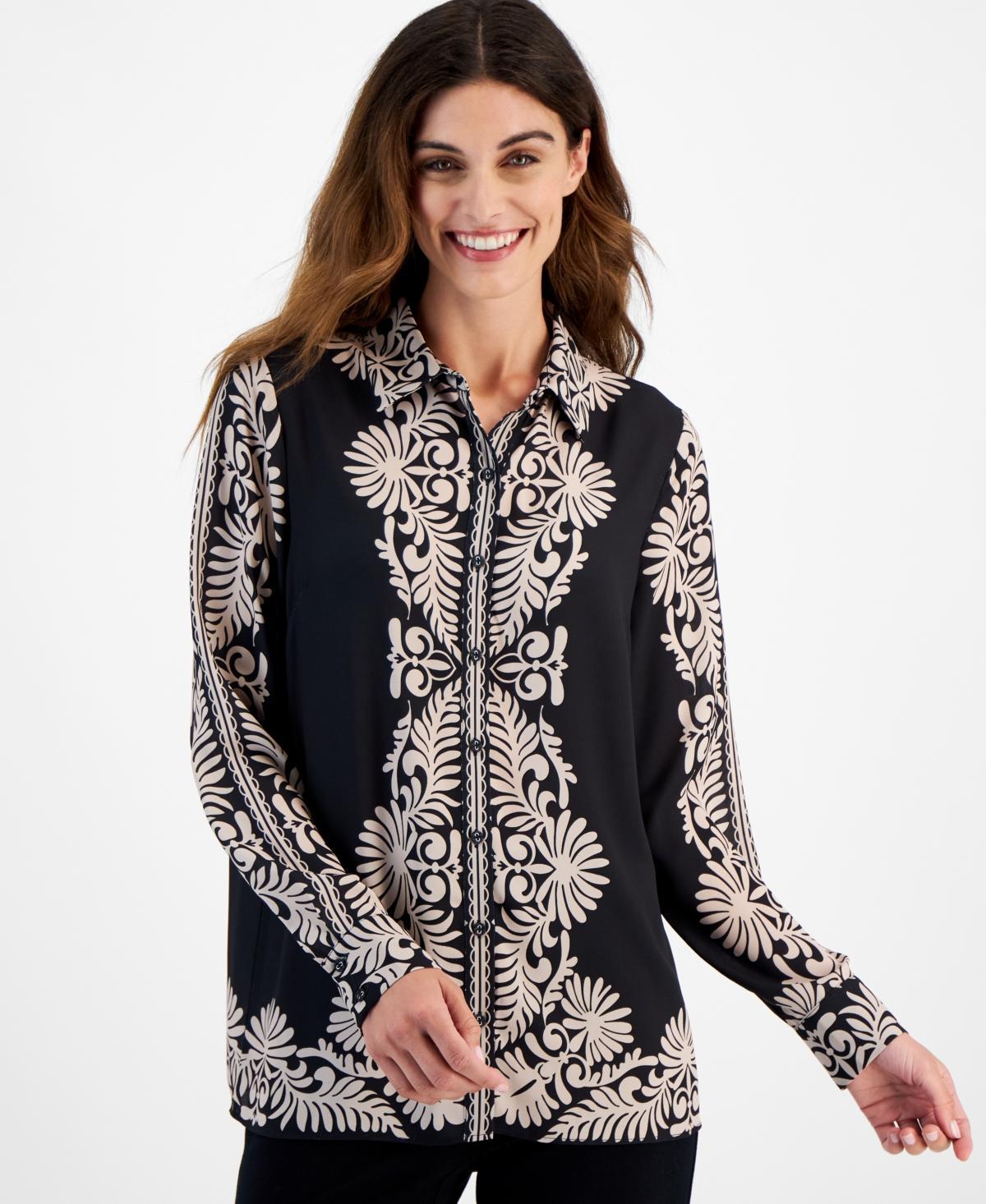 T Tahari Womens Printed Button-Front Top product image