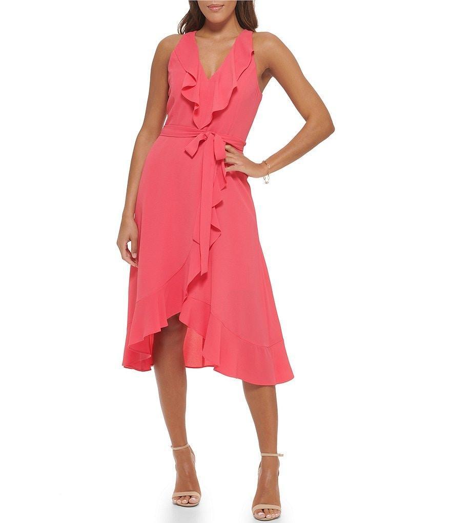 Kensie V-Neck Sleeveless Tie Waist Ruffled Pebble Crepe Dress Product Image