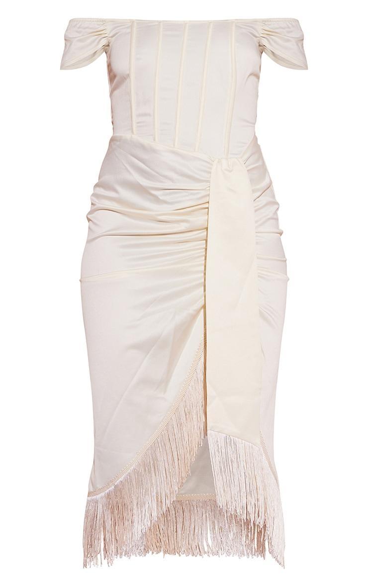 Cream Satin Bardot Tassel Hem Draped Midi Dress Product Image