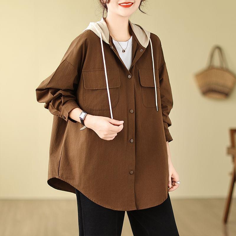 Two Tone Hooded Button-Up Jacket Product Image