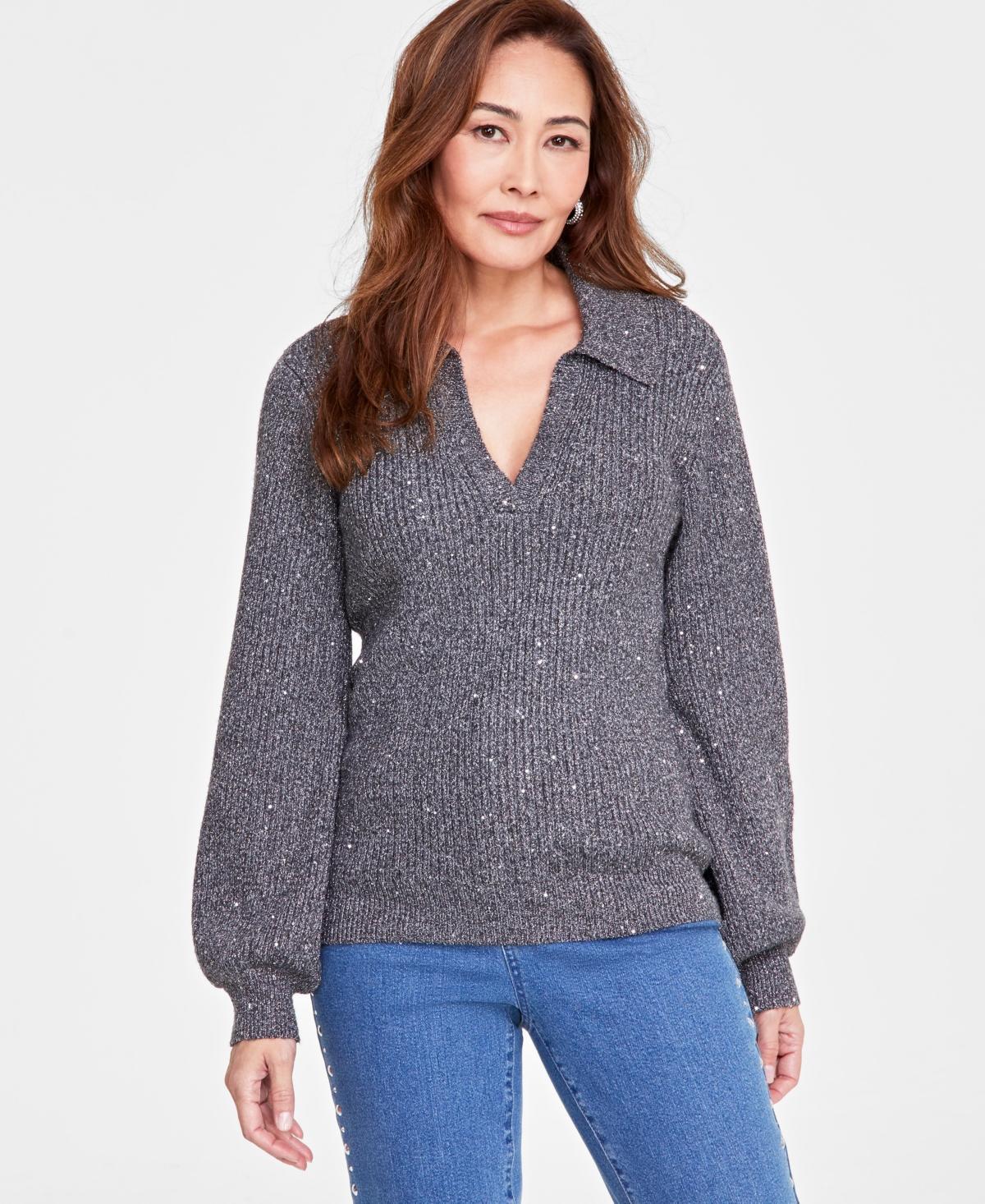 I.n.c. International Concepts Womens Sequin-Embellished Collared Long-Sleeve Sweater, Created for Macys Product Image