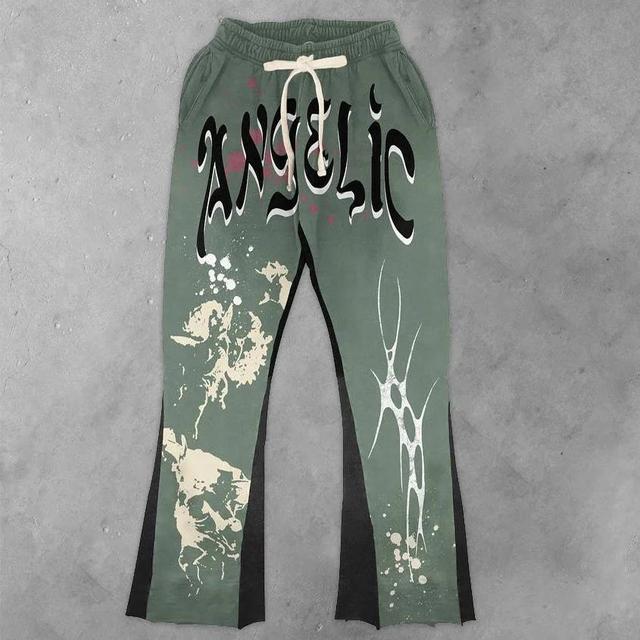 Unisex Men's Stylish Angel Print Patchwork Flame Print Flared SweatPants Product Image