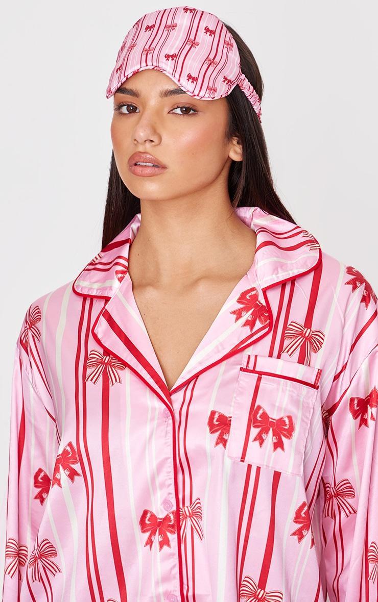 Pink Stripe Bow Print Satin Long Pj Set Product Image