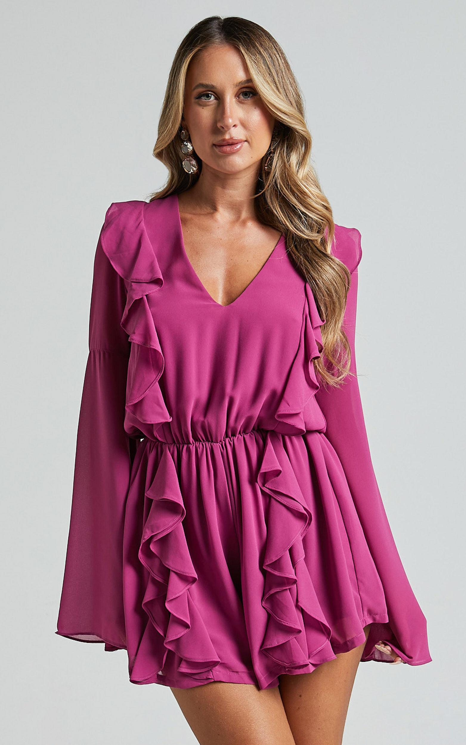 Zella Playsuit - Plunge Ruffle Detail Long Sleeve in Grape Product Image