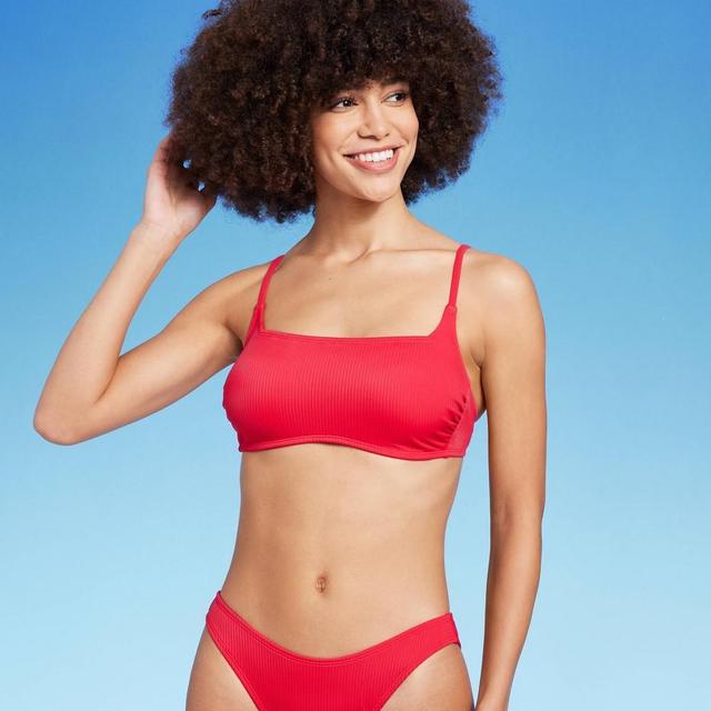 Womens Ribbed Square Neck Bralette Bikini Top - Wild Fable Red S Product Image