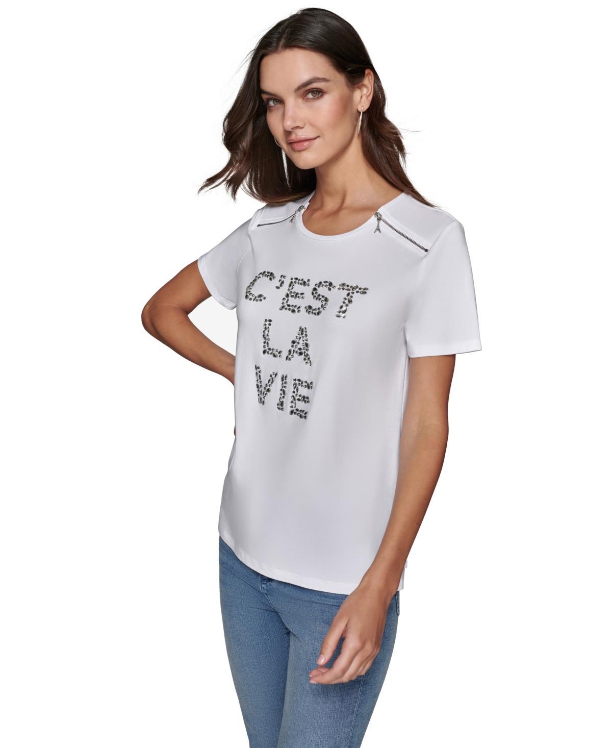 Karl Lagerfeld Paris Womens Embellished Graphic T-Shirt Product Image