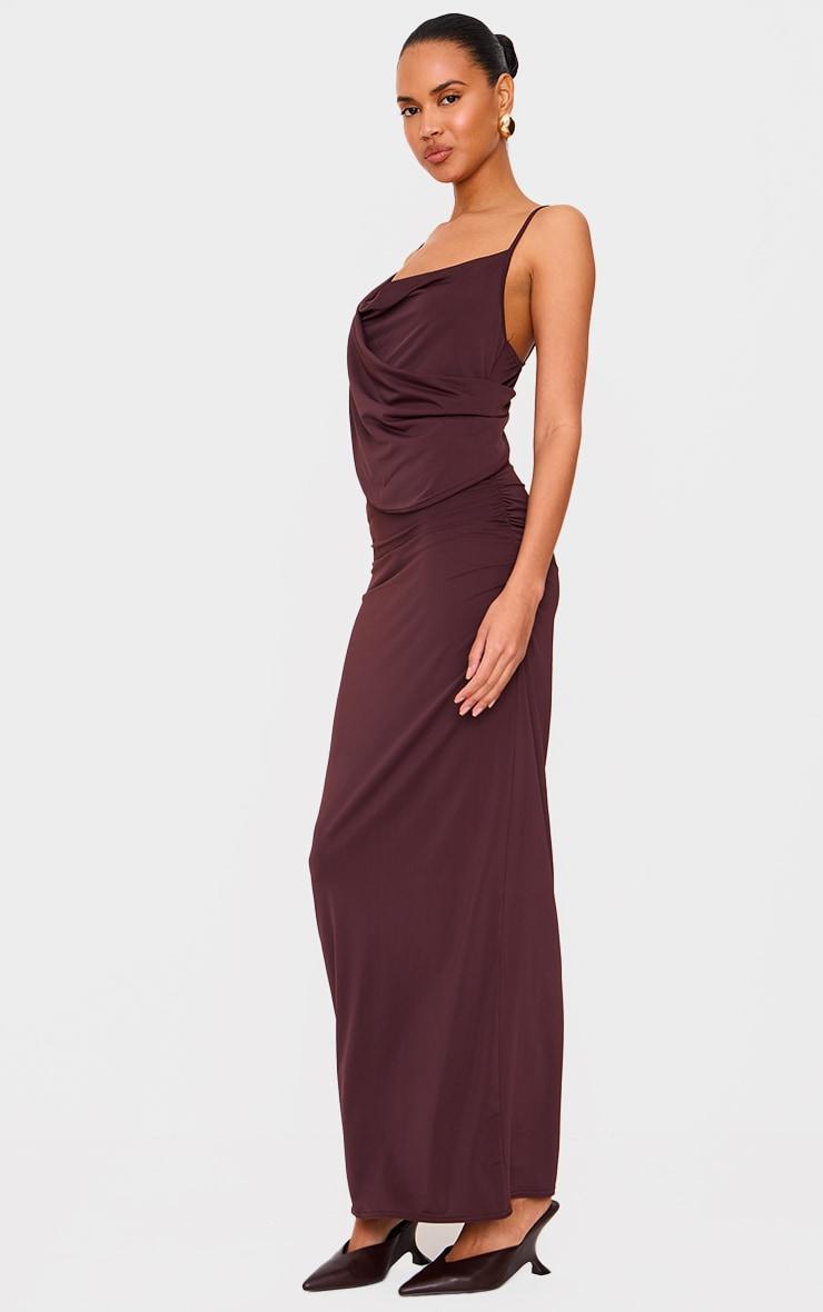 Chocolate Double Layer Slinky Drape Detail Maxi Dress Product Image