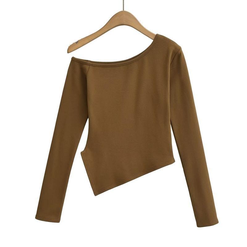 Long Sleeve One Shoulder Plain Asymmetrical Tee Product Image