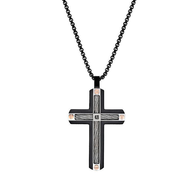 Mens LYNX Tri-Tone Ion Plated Stainless Steel Cross Pendant Necklace Multicolor Product Image