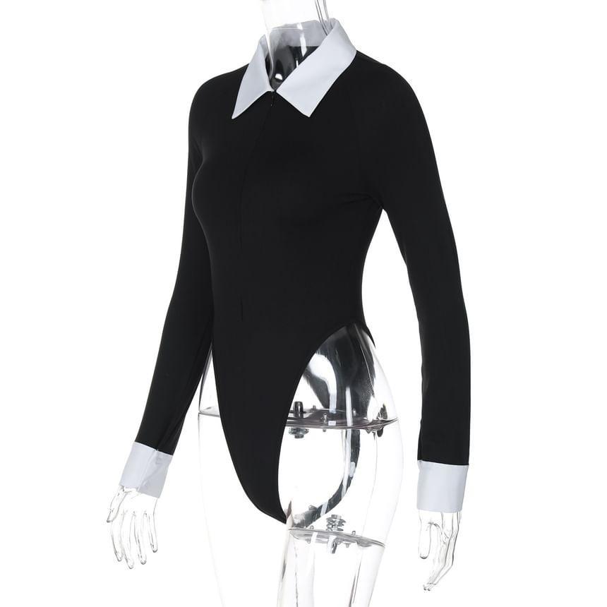 Long-Sleeve Collared Contrast Trim Bodysuit Top Product Image