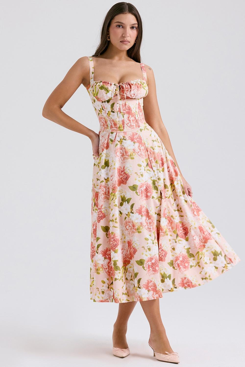 Carmen Pink Peony Print Cotton Bustier Sundress Product Image