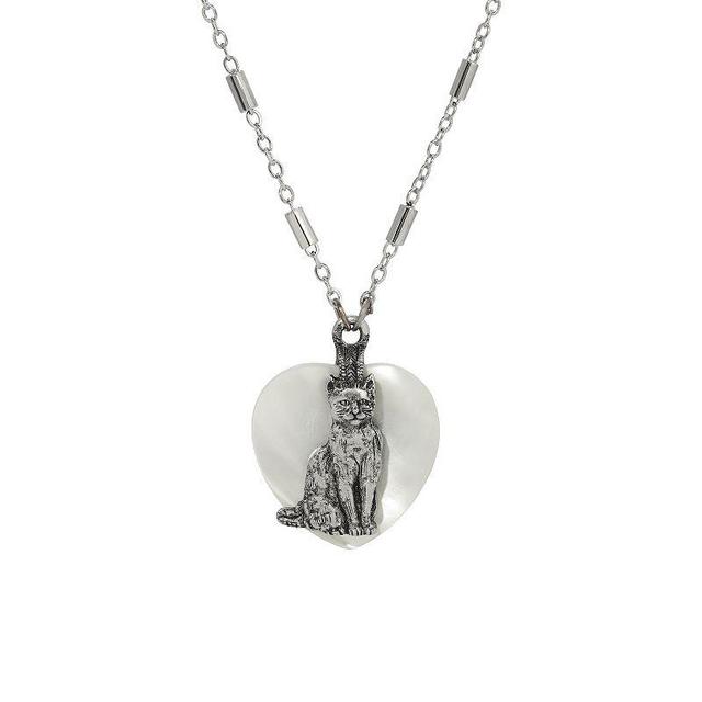 1928 Cat Mother of Pearl Heart Pendant Necklace, Womens, Silver White Product Image