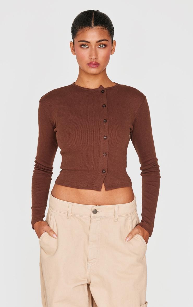 Chocolate Ribbed Aysmmetric Button Down Fitted Long Sleeve Top Product Image