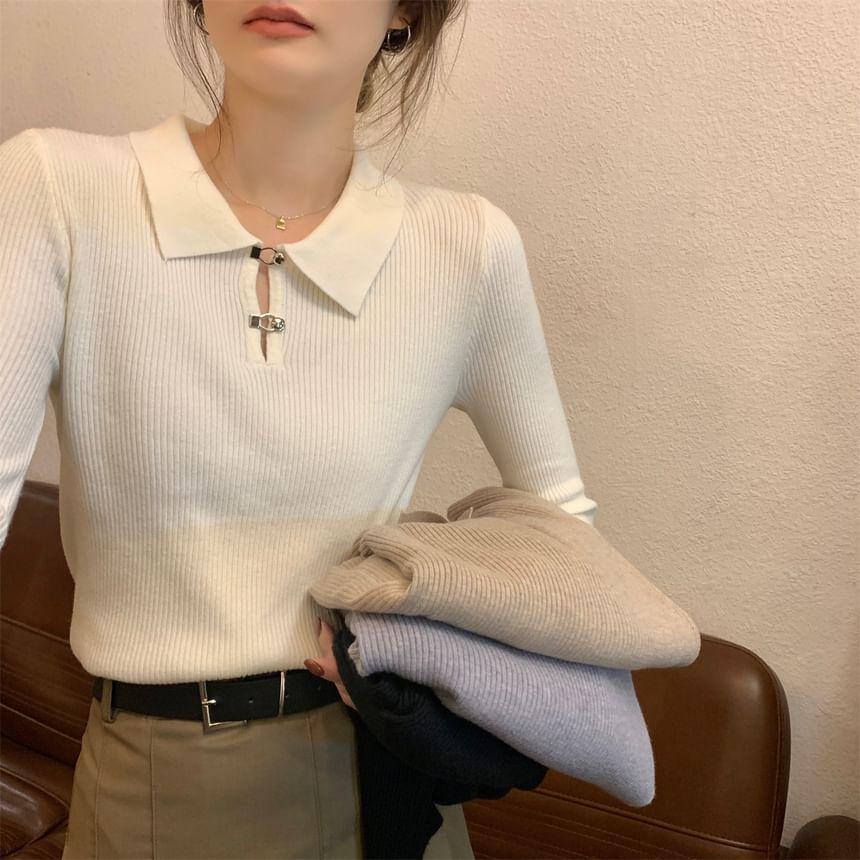 Long-Sleeve Collared Plain Ribbed Slim Fit Knit Top Product Image