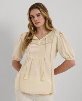 Lauren Ralph Lauren Womens Embroidered Tie-Neck Top Product Image