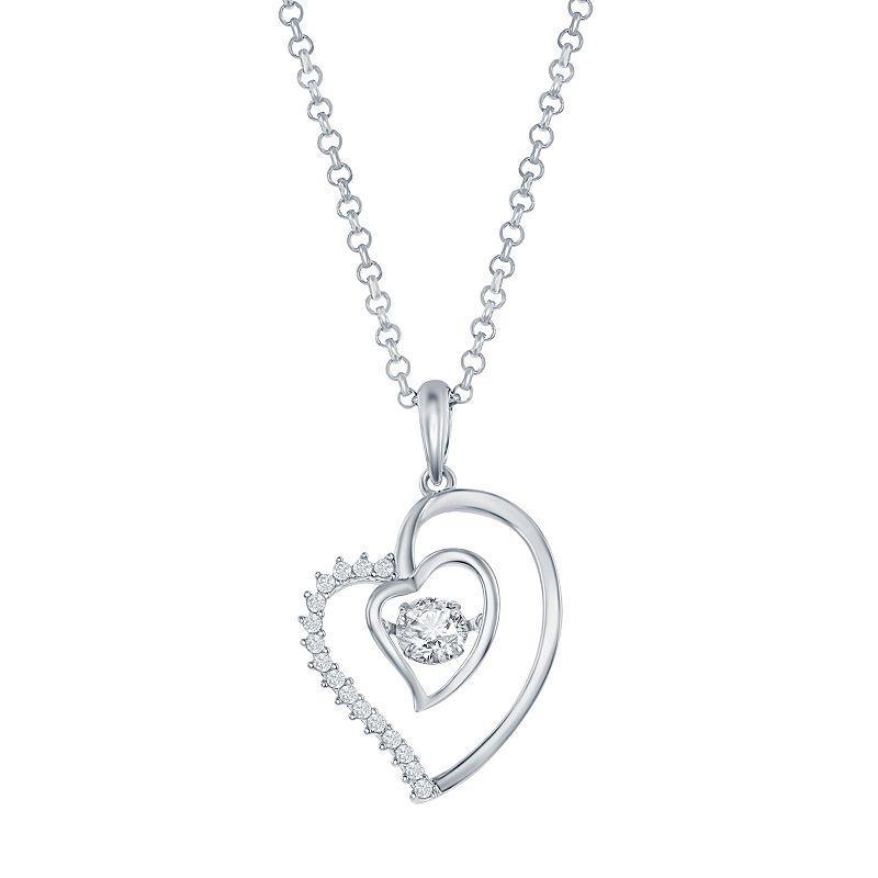 Sterling Silver Double Heart Dancing Cubic Zirconia Necklace, Womens White Product Image