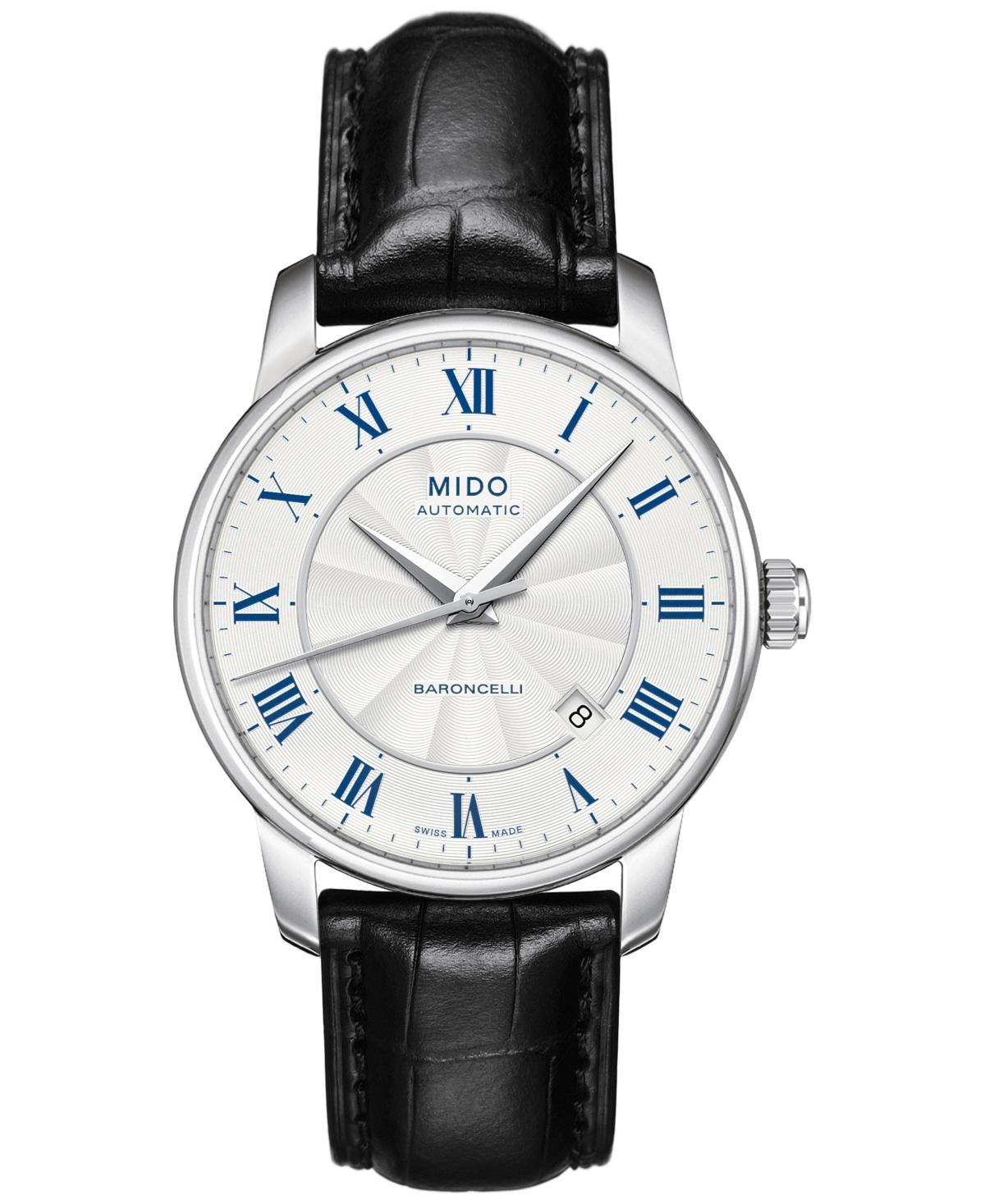 Mido Mens Swiss Automatic Baroncelli Black Leather Strap Watch 38mm - Silver Product Image