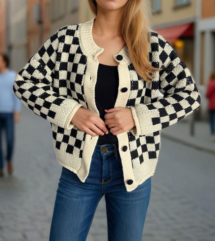 Crew Neck Checkerboard Button-Up Cardigan Product Image