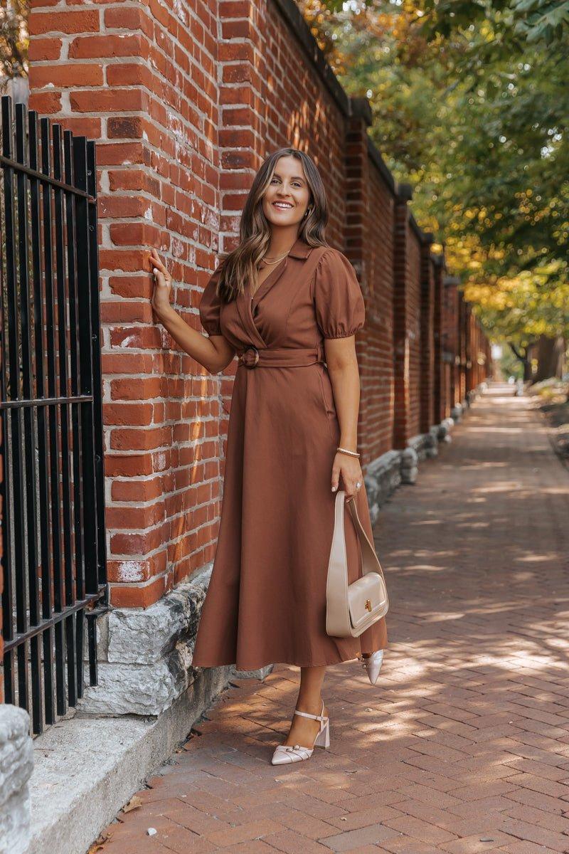 True Autumn Brown Belted Midi Dress Female Product Image