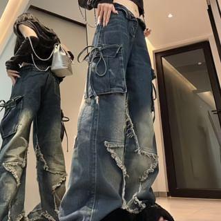 Low Waist Fringed Loose Fit Cargo Jeans Product Image