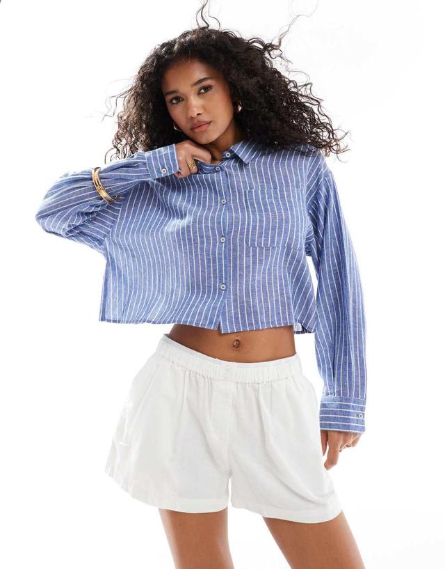 ASOS DESIGN natural wrap back cropped shirt in stripe Product Image